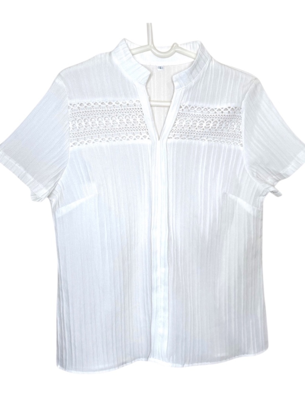 White Lace Trim Textured Blouse Size L | Short Sleeve Mandarin Collar Top